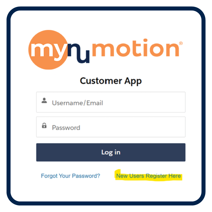 Login page for the myNumotion app featuring fields for username/email and password, a Log in button, and links for Forgot Your Password? and New Users Register Here (highlighted in yellow).