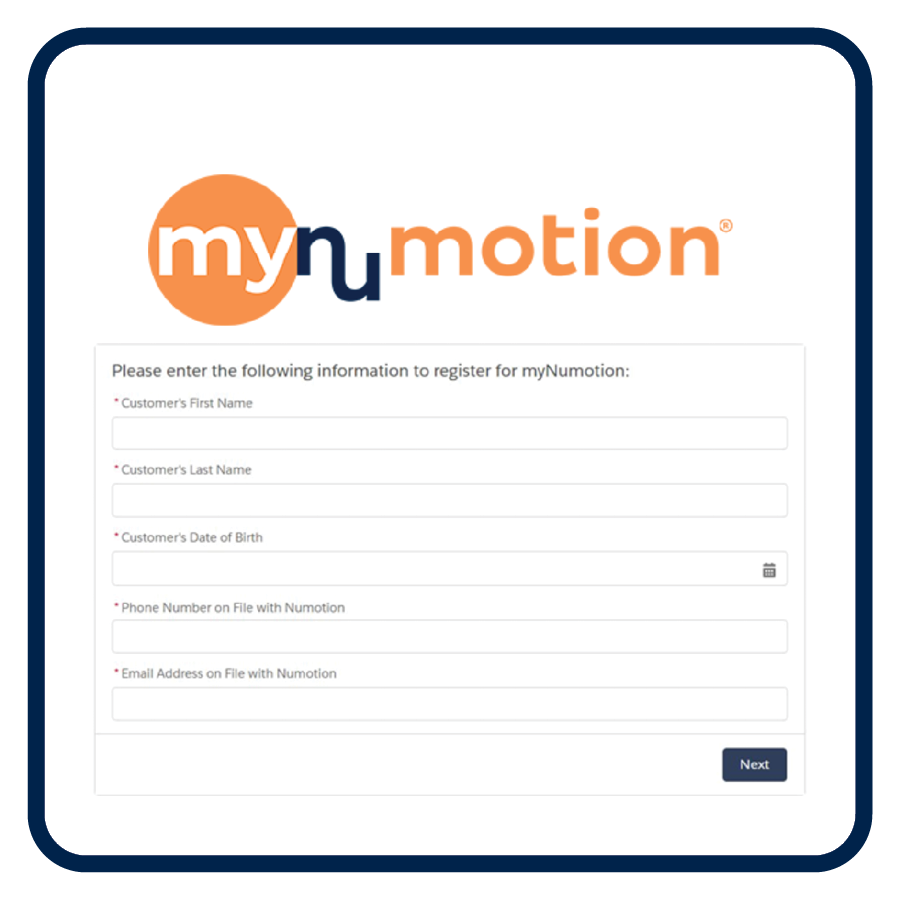 A registration form for the myNumotion app is displayed, requesting the customer’s first name, last name, date of birth, phone number, and email address, with a “Next” button below. The myNumotion logo appears at the top.