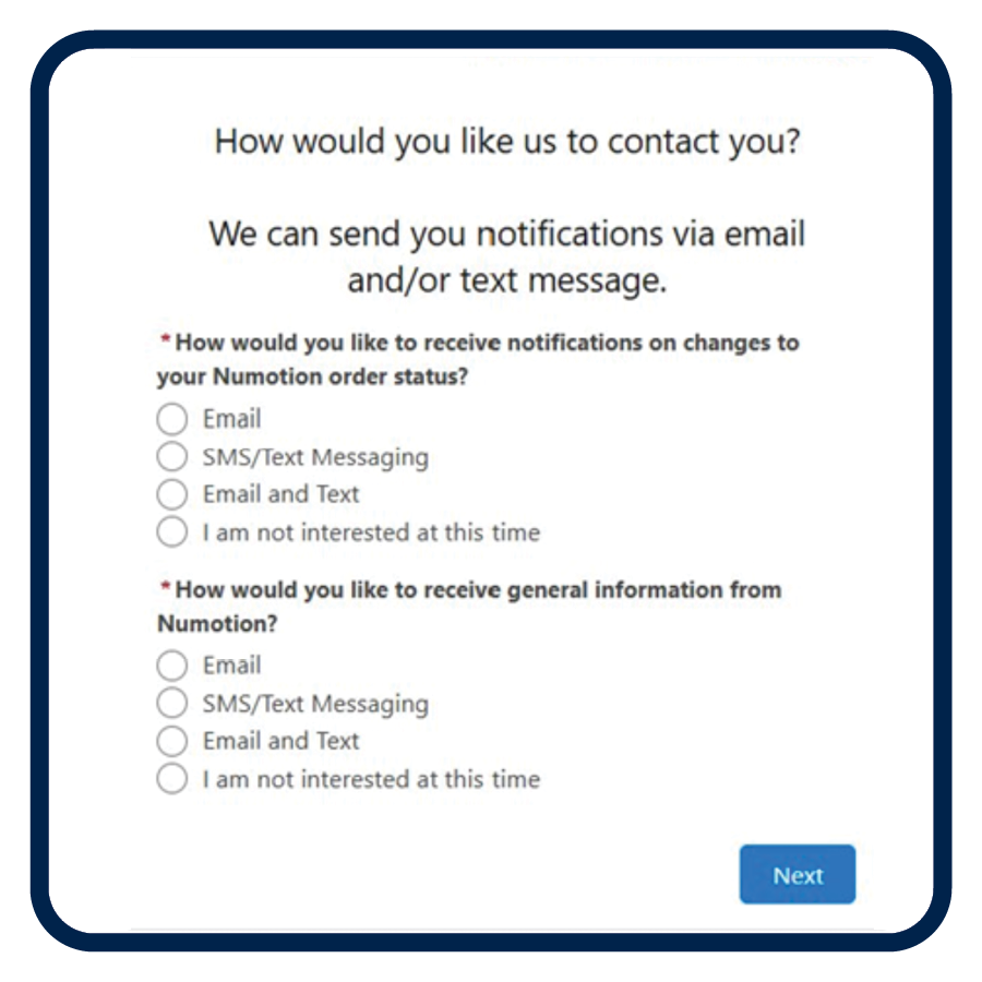 A form in the myNumotion app asks how to contact the user, offering options to receive notifications and information via email, SMS/text, both, or declining. A blue Next button is at the bottom right.