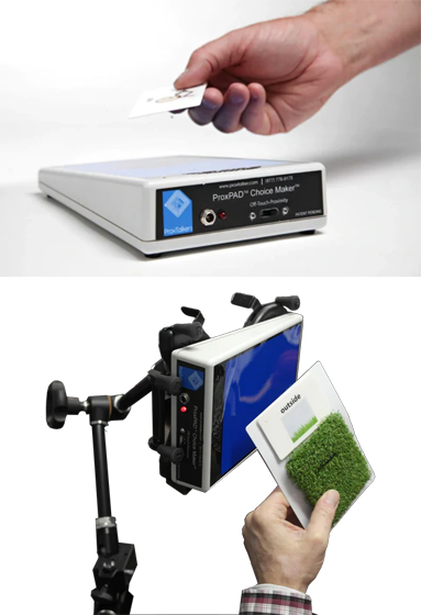 A hand places a card on the “ProxPAD Choice Maker,” a white electronic device. Another scene shows the device with its blue pad as a card featuring artificial grass is held nearby, demonstrating assistive technology in action.