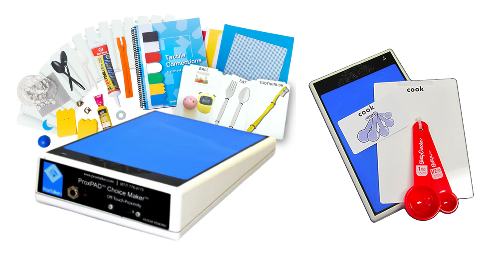 A tactile graphics kit with braille tools, measuring spoons, textured sheets, cards, and a tactile graphics maker device, all designed for visually impaired users seeking accessible learning.