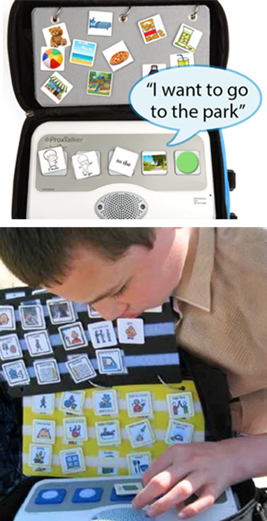 A boy uses a speech-generating device with picture symbols, selecting an option that says, “I want to go to the park,” to communicate his needs using assistive technology.