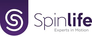 Spinlife logo with a stylized white S on a purple background to the left, and the words Spinlife Experts in Motion in bold purple text on a white background highlight mobility expertise.