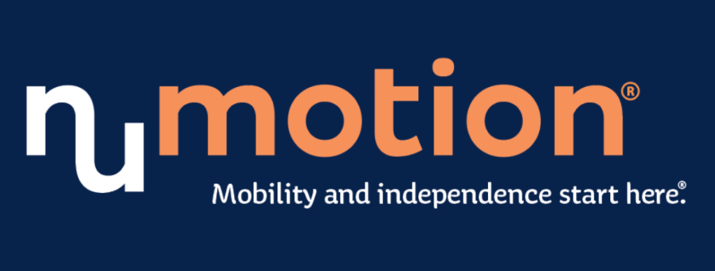 NuMotion logo with nu in white, motion in orange, and the tagline Mobility and independence start here. in white on a dark blue background.